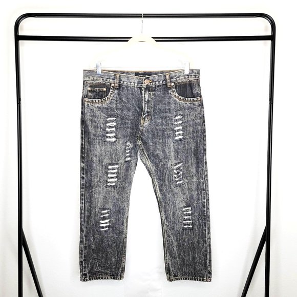 Denim Culture Other - Denim Culture Men's Black Acid Wash Denim Distressed Design Front Jeans Size 38x